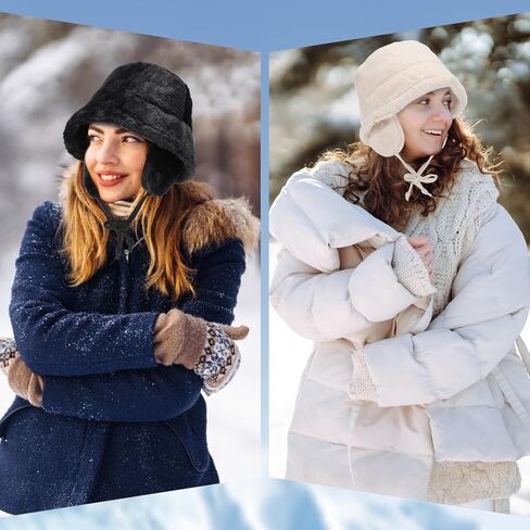 2 Pcs Women's Bucket Hat Faux Fur Fuzzy Bucket Hat Adjustable Fur Cap for Women Men Fluffy Fisherman Cap White and Black in Saudi Arabia