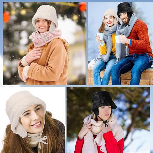 2 Pcs Women's Bucket Hat Faux Fur Fuzzy Bucket Hat Adjustable Fur Cap for Women Men Fluffy Fisherman Cap White and Black in Saudi Arabia