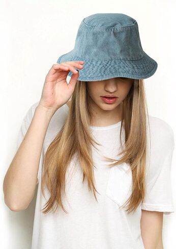 Denim Bucket Hat Trendy Washed Cotton Sun Cap Beach Fisherman Hat for Women Men in Kuwait