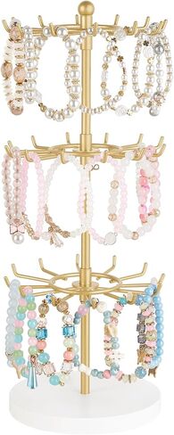 Mkono Bracelet Holder Gold Metal Rotating Bracelet Display Stand 3 Tier Jewelry Tower rack with 36 Hooks and Wood Base Modern Adjustable Storage Organizer Tree for Selling KeyChain Bangle Accessories in Saudi Arabia
