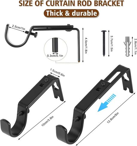 Heavy Duty Curtain Rod Bracket, Adjustable Curtain Rod Holders with Curtain Hooks Set of 2 Black Iron Wall Mount for Single 1 Inch Rods Window Treatment Hardware Kit, Screws, Anchors in Saudi Arabia