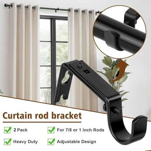 Heavy Duty Curtain Rod Bracket, Adjustable Curtain Rod Holders with Curtain Hooks Set of 2 Black Iron Wall Mount for Single 1 Inch Rods Window Treatment Hardware Kit, Screws, Anchors in Saudi Arabia