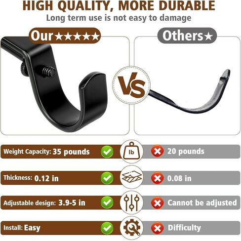 Heavy Duty Curtain Rod Bracket, Adjustable Curtain Rod Holders with Curtain Hooks Set of 2 Black Iron Wall Mount for Single 1 Inch Rods Window Treatment Hardware Kit, Screws, Anchors in Saudi Arabia