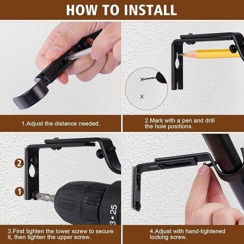 Heavy Duty Curtain Rod Bracket, Adjustable Curtain Rod Holders with Curtain Hooks Set of 2 Black Iron Wall Mount for Single 1 Inch Rods Window Treatment Hardware Kit, Screws, Anchors in Saudi Arabia
