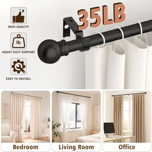 Heavy Duty Curtain Rod Bracket, Adjustable Curtain Rod Holders with Curtain Hooks Set of 2 Black Iron Wall Mount for Single 1 Inch Rods Window Treatment Hardware Kit, Screws, Anchors in Saudi Arabia