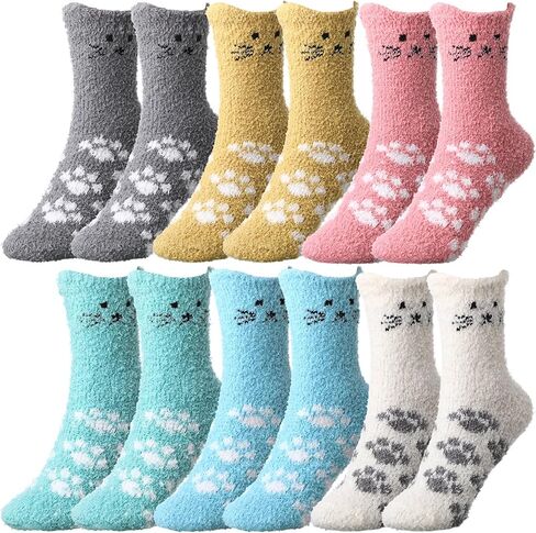 Geyoga 6 Pcs Women Fuzzy Cat Socks for Women Valentine's Day Cute Funny Cozy Fluffy Soft Socks Slipper Gift for Teen Girls in Saudi Arabia