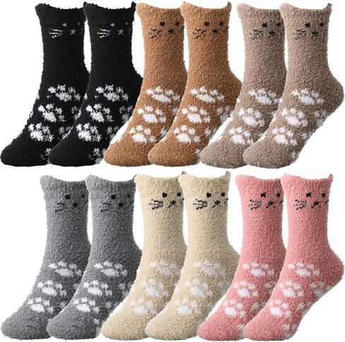 Geyoga 6 Pcs Women Fuzzy Cat Socks for Women Valentine's Day Cute Funny Cozy Fluffy Soft Socks Slipper Gift for Teen Girls in Saudi Arabia