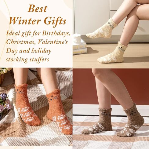 Geyoga 6 Pcs Women Fuzzy Cat Socks for Women Valentine's Day Cute Funny Cozy Fluffy Soft Socks Slipper Gift for Teen Girls in Saudi Arabia