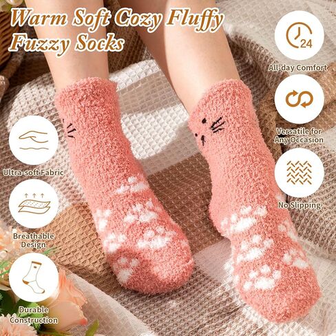 Geyoga 6 Pcs Women Fuzzy Cat Socks for Women Valentine's Day Cute Funny Cozy Fluffy Soft Socks Slipper Gift for Teen Girls in Saudi Arabia