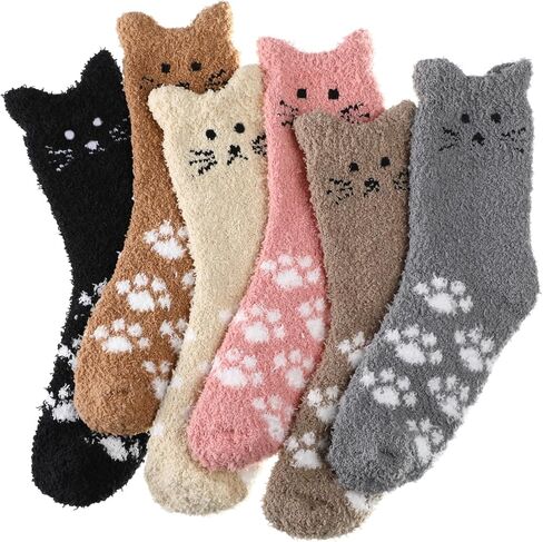 Geyoga 6 Pcs Women Fuzzy Cat Socks for Women Valentine's Day Cute Funny Cozy Fluffy Soft Socks Slipper Gift for Teen Girls in Saudi Arabia