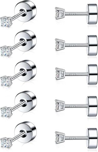 5 Pairs Small Moissanite Flatback Stud Earrings for Women Men,Sterling Silver Hypoallergenic Flat Back Earrings,18K White Gold Plated Cartilage Earring Set in Kuwait