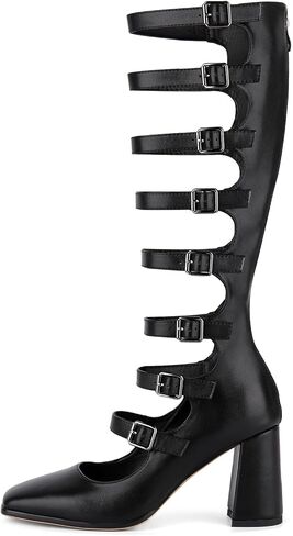 Women's Square Toe Adjustable Buckles Block Chunky Heels Back Zipper Heeled Sandals in Saudi Arabia