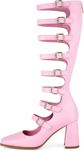 Women's Square Toe Adjustable Buckles Block Chunky Heels Back Zipper Heeled Sandals in Saudi Arabia