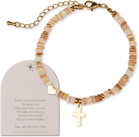 Gold Cross & Heart Bracelet for Women – Christian Bracelet with Natural Shell Beads, Adjustable Faith Based & Spiritual Gift for Women, Religious Jewelry with Message Card in Saudi Arabia