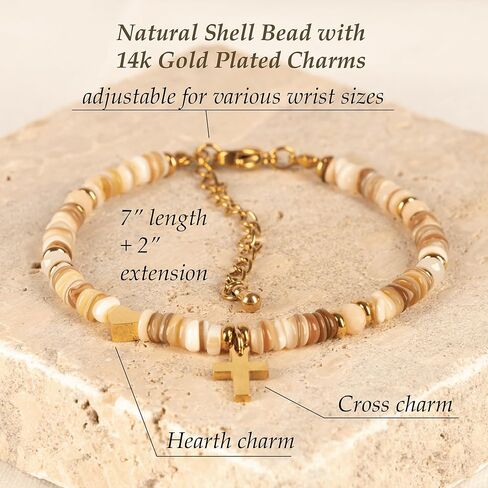Gold Cross & Heart Bracelet for Women – Christian Bracelet with Natural Shell Beads, Adjustable Faith Based & Spiritual Gift for Women, Religious Jewelry with Message Card in Saudi Arabia