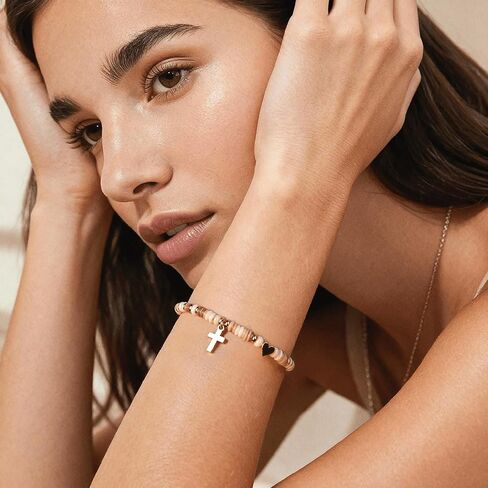 Gold Cross & Heart Bracelet for Women – Christian Bracelet with Natural Shell Beads, Adjustable Faith Based & Spiritual Gift for Women, Religious Jewelry with Message Card in Saudi Arabia