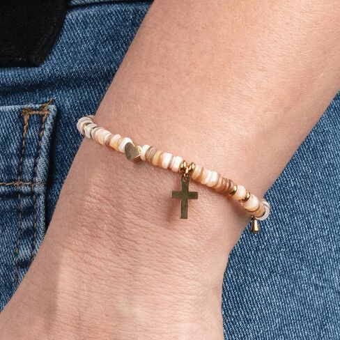 Gold Cross & Heart Bracelet for Women – Christian Bracelet with Natural Shell Beads, Adjustable Faith Based & Spiritual Gift for Women, Religious Jewelry with Message Card in Saudi Arabia
