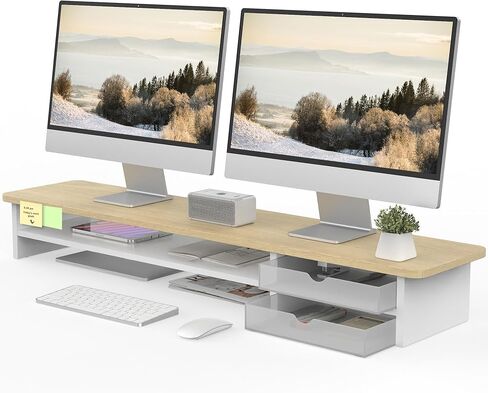 Fenge Monitor Stand, Desk Computer Riser with Frosted Storage Drawer, Oak in Saudi Arabia