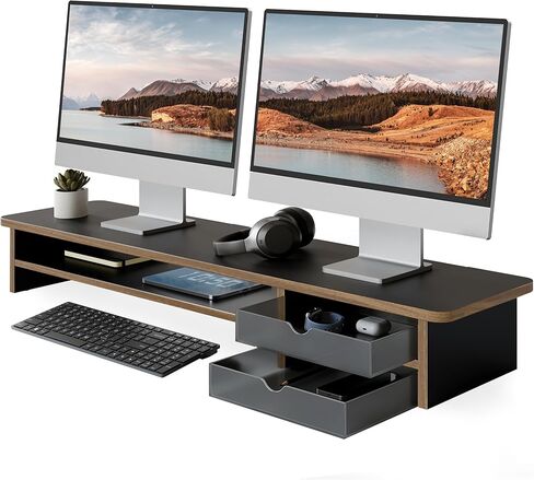 Fenge Monitor Stand, Dual Monitor Riser, 42.5inch Large Desk Computer Monitor Stand Riser with Drawer, 2 Tier Wood & Acrylic Desktop Organizer for Computer, Laptop, Printer, TV Screen Riser in Kuwait