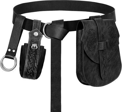 Viking Embossed Renaissance Belt Pouch, Vintage Medieval Faux Leather Pirate Belt Pack,Retro Portable Belt Bag For LARP Ren Faire. (Black A) in Saudi Arabia