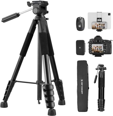 حامل ثلاثي للكاميرا من K&F، حامل ثلاثي القوائم خفيف الوزن ومحمول للسفر في الهواء الطلق DSLR لتسجيل فيديو هاتف الكاميرا، حامل ثلاثي القوائم عالي التحمل، مشبك للهاتف المحمول للهواتف الذكية ومدونة الفيديو المباشرة in Saudi Arabia