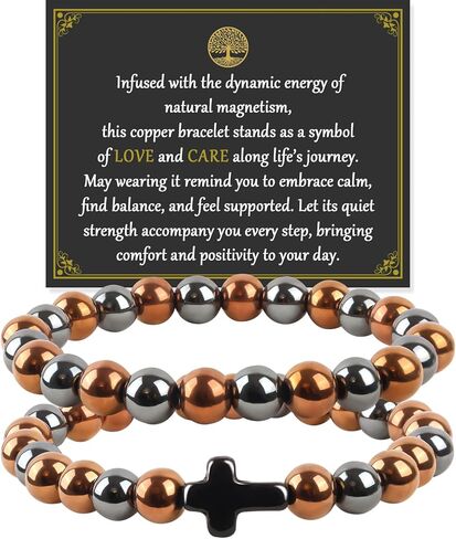 2PCS Copper Bracelets for Women Men 99.9% Pure Copper Jewelry and Cross Charm Bracelet Hematite Beaded Bracelet with Healing Crystals Christian Christmas Birthday Gifts for Friends Couples Family in Saudi Arabia