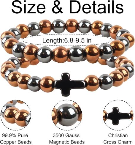 2PCS Copper Bracelets for Women Men 99.9% Pure Copper Jewelry and Cross Charm Bracelet Hematite Beaded Bracelet with Healing Crystals Christian Christmas Birthday Gifts for Friends Couples Family in Saudi Arabia