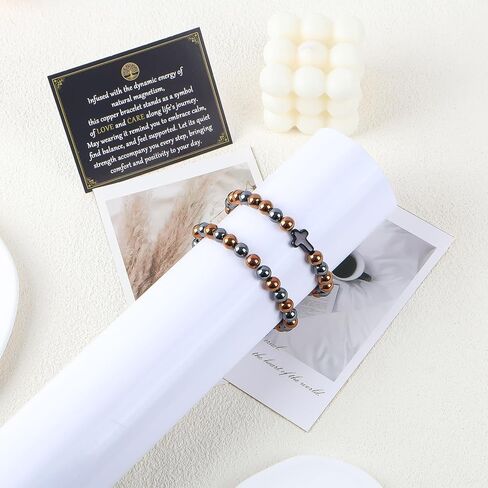 2PCS Copper Bracelets for Women Men 99.9% Pure Copper Jewelry and Cross Charm Bracelet Hematite Beaded Bracelet with Healing Crystals Christian Christmas Birthday Gifts for Friends Couples Family in Saudi Arabia