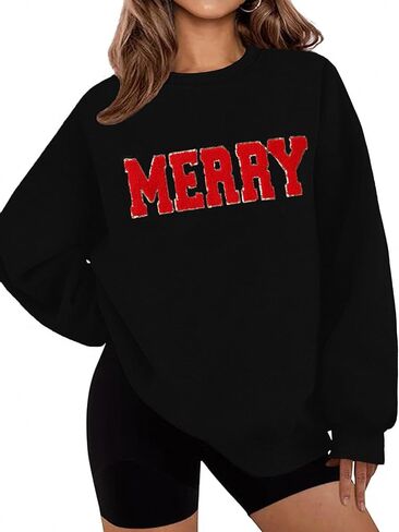 LETSEE Merry Sweatshirts for Women Christmas Chenille Patch Sequin Crewneck Sweaters Fleece Xmas Holiday Top in Saudi Arabia