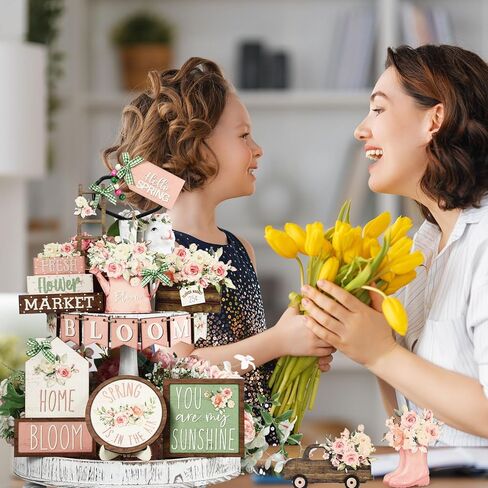 Bucherry 18 قطعة زهرة الربيع مجموعة ديكور صينية متدرجة مزرعة الأزهار علامة خشبية ريفي الربيع الجدول المركزية زهرة زخارف صينية الطبقات لرف المطبخ سطح الطاولة in Kuwait