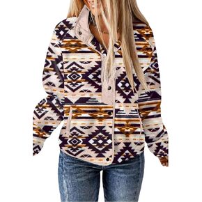 SELINK Womens Fleece Jacket Western Aztec Print Long Sleeve Snap Button Down Shacket Jackets with Pockets in Kuwait