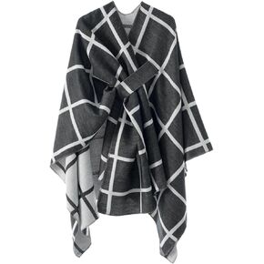 Women's Plaid Shawl Wrap Knitted Cape Open Front Poncho Scarf Blanket Warm Cardigan Sweater for Fall Winter in Saudi Arabia