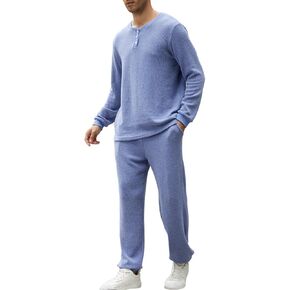 Gihuo Mens Knit Pajamas Set with Henley Collar 2 Piece Loungewear Set Casual Loose Fit Cozy Pjs Sleepwear in Saudi Arabia