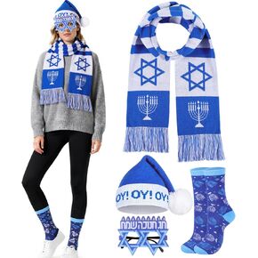 4 Pcs Hanukkah Costume Set for Adults Blue & White Knit Hat, Scarf, Glasses, Socks Jewish Holiday Winter Accessories Bundle Gift for Hanukkah Party Costume in Saudi Arabia