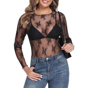 AYIFU Womens Lace Mesh Top Sheer Long Sleeve See Through Floral Mock Neck Blouse Tops in Kuwait