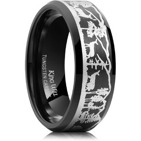 King Will Mens 6mm 8mm Black Silver Tungsten Carbide Wedding Bands Inlay Lasered Seagull/Forest Landscap/Panda/Deer/Hunting/Fly Fishing Brushed Wedding Rings for Men Women in Saudi Arabia