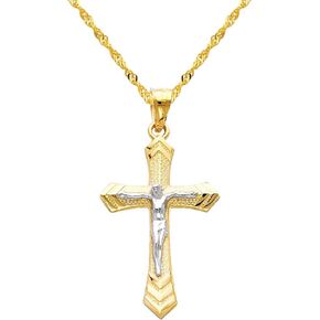 The World Jewelry Center 14k Two Tone Gold Jesus Cross Religious Pendant with 1.2mm Singapore Chain Necklace in Saudi Arabia