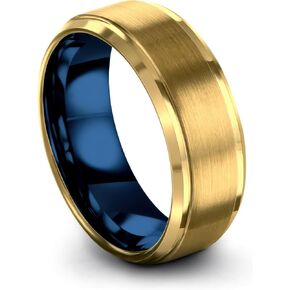 Tungsten Carbide Wedding Band Ring 8mm for Men Women Blue Black 18K Yellow Gold Grey Center Line Step Bevel Edge Brushed Polished Personalized Custom Engraving Anniversary Engagement in Saudi Arabia