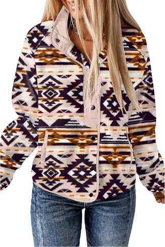 SELINK Womens Fleece Jacket Western Aztec Print Long Sleeve Snap Button Down Shacket Jackets with Pockets in Kuwait