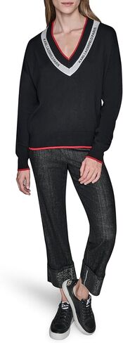 Karl Lagerfeld Womens Long Sleeve V-Neck Logo Tape Sweater in Saudi Arabia