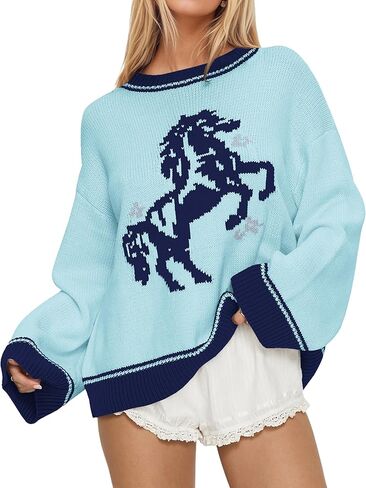 Crew Neck Oversized Sweater for Women Y2k Long Sleeve Sweaters Horse Graphic Knit Pullover Trendy Fall Sweater 2026 in Saudi Arabia