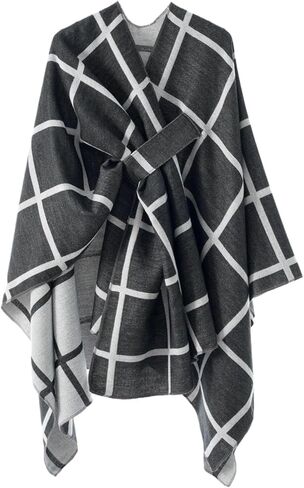 Women's Plaid Shawl Wrap Knitted Cape Open Front Poncho Scarf Blanket Warm Cardigan Sweater for Fall Winter in Saudi Arabia