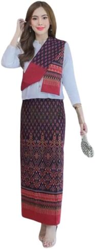 Assorted-Pattern Cotton Wrap Sarong Thai & Sash Set — Free-Size Waist 24-38 in, Hip ≤ 44 in, Sash 5 in × 2 m (Random Color) in Kuwait
