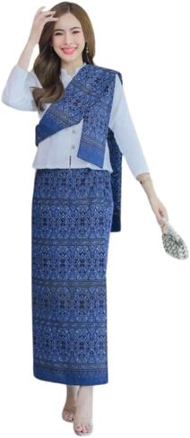 Assorted-Pattern Cotton Wrap Sarong Thai & Sash Set — Free-Size Waist 24-38 in, Hip ≤ 44 in, Sash 5 in × 2 m (Random Color) in Kuwait