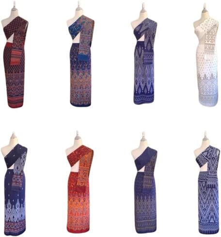 Assorted-Pattern Cotton Wrap Sarong Thai & Sash Set — Free-Size Waist 24-38 in, Hip ≤ 44 in, Sash 5 in × 2 m (Random Color) in Kuwait