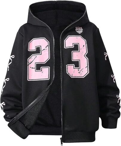 Girl's Number Hoodie Y2k Bow Graphic Zip Up Long Sleeve Casual Hooded Sweatshirt Jacket in Saudi Arabia