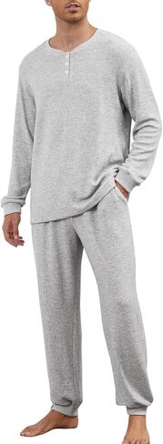 Gihuo Mens Knit Pajamas Set with Henley Collar 2 Piece Loungewear Set Casual Loose Fit Cozy Pjs Sleepwear in Saudi Arabia