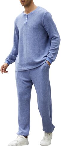 Gihuo Mens Knit Pajamas Set with Henley Collar 2 Piece Loungewear Set Casual Loose Fit Cozy Pjs Sleepwear in Saudi Arabia