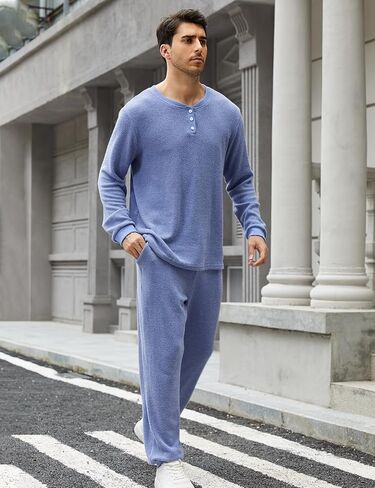 Gihuo Mens Knit Pajamas Set with Henley Collar 2 Piece Loungewear Set Casual Loose Fit Cozy Pjs Sleepwear in Saudi Arabia