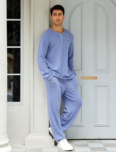 Gihuo Mens Knit Pajamas Set with Henley Collar 2 Piece Loungewear Set Casual Loose Fit Cozy Pjs Sleepwear in Saudi Arabia